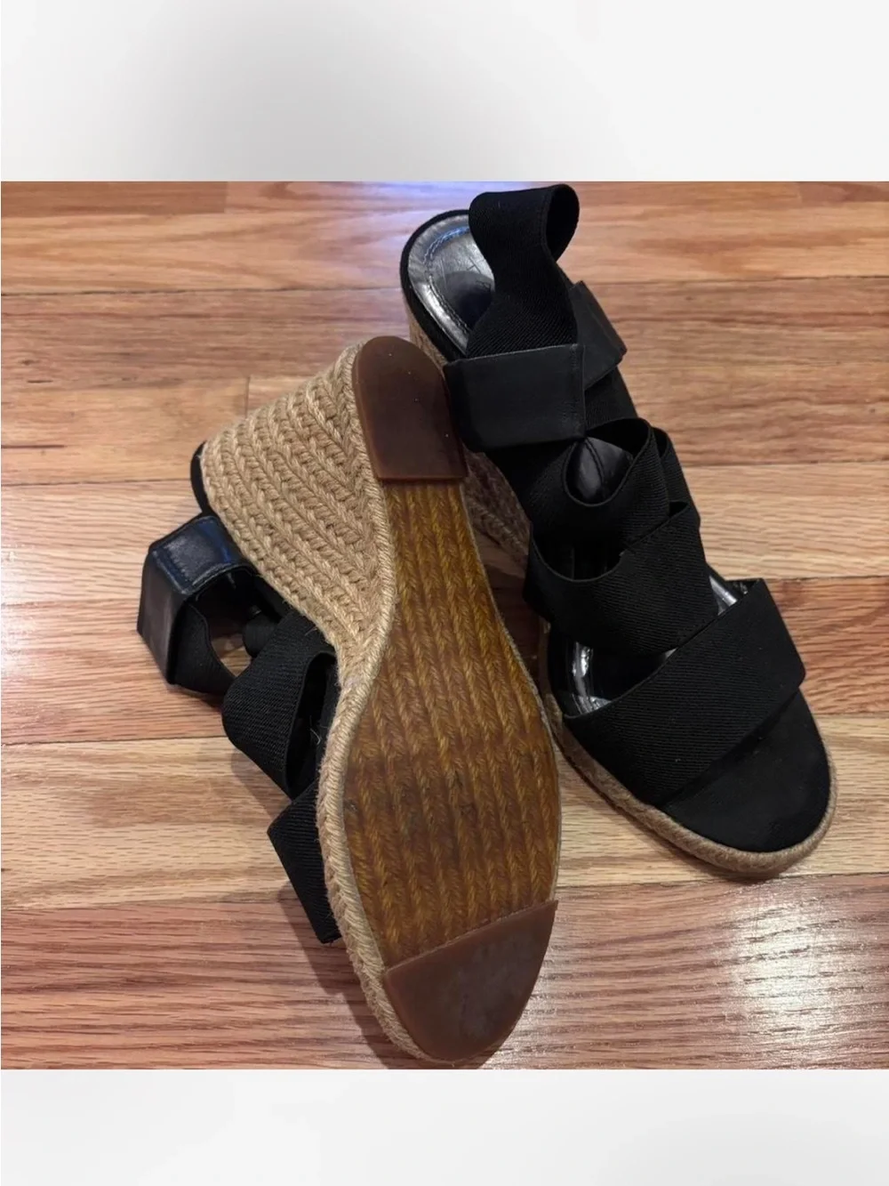 Elie Tahari Black and Natural Espadrille Wedge Sandal
